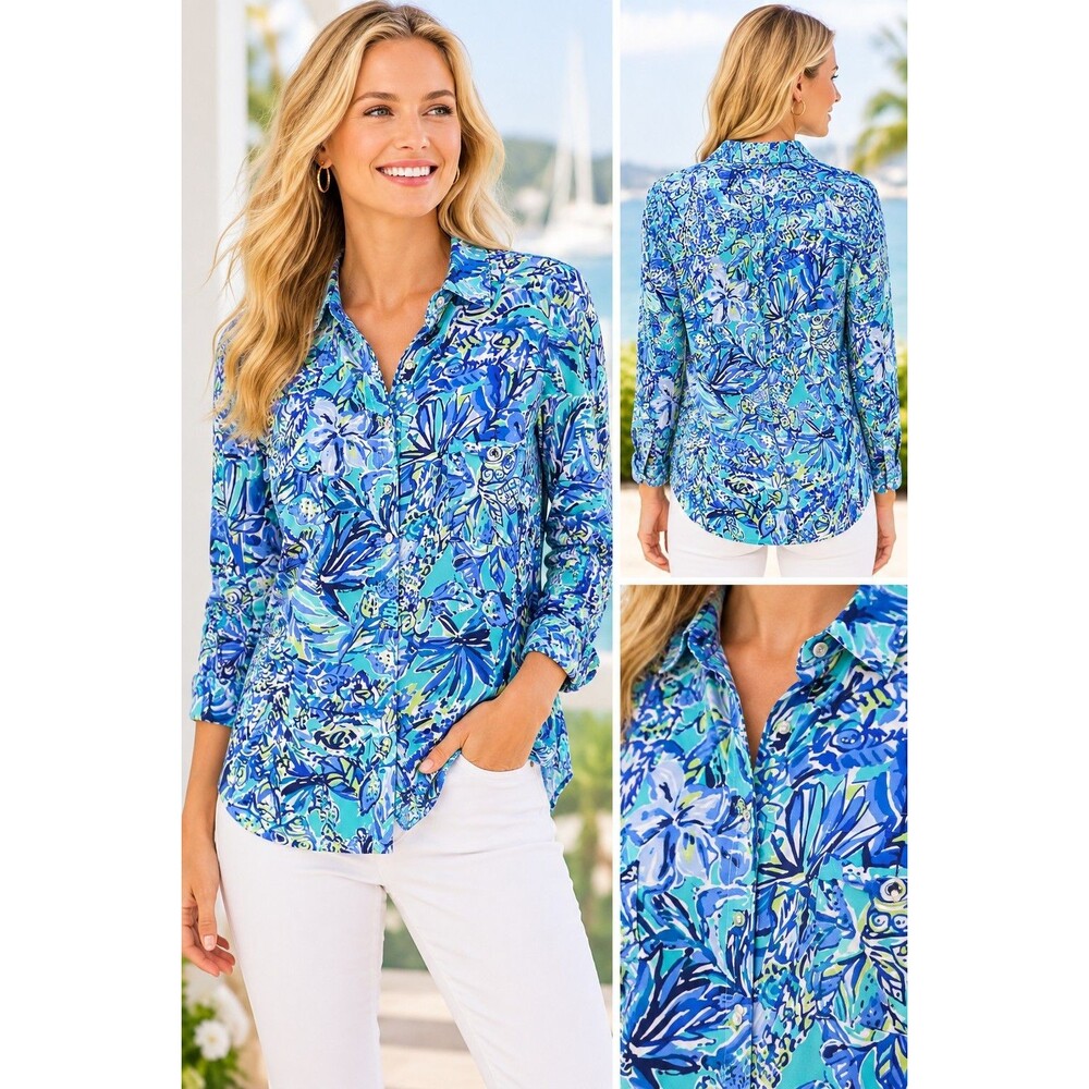 Lilly Pulitzer Sea View Button Down Shirt XL Sneak A Beak Bennet Blue Resort